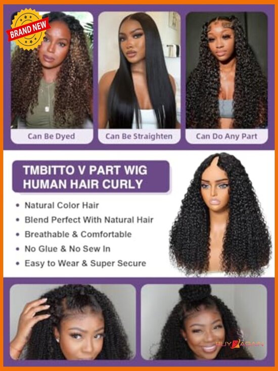 V Part Curly Wig Human Hair 20in Glueless Full Head Clip In 180 Density main image 5
